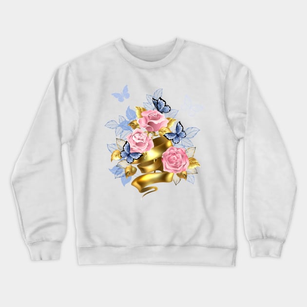 Pink Roses with Gold Ribbon Crewneck Sweatshirt by Blackmoon9